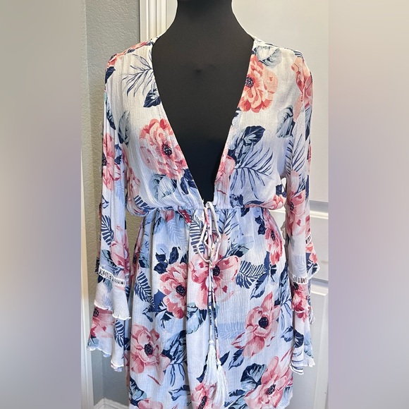 Flowy Rayon Gauze Flowered Beach Swimsuit Coverup Boho Dress by Blue Island Sz M - Picture 9 of 14